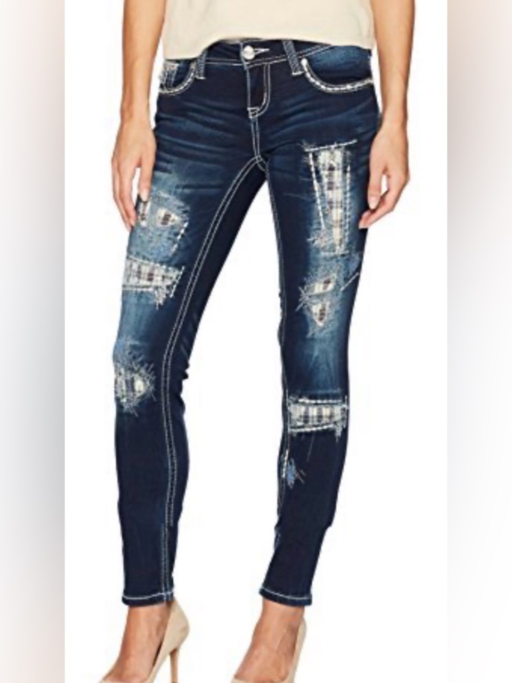 Grace Distressed Dark Blue Distressed Patchwork Skinny Jeans for Women